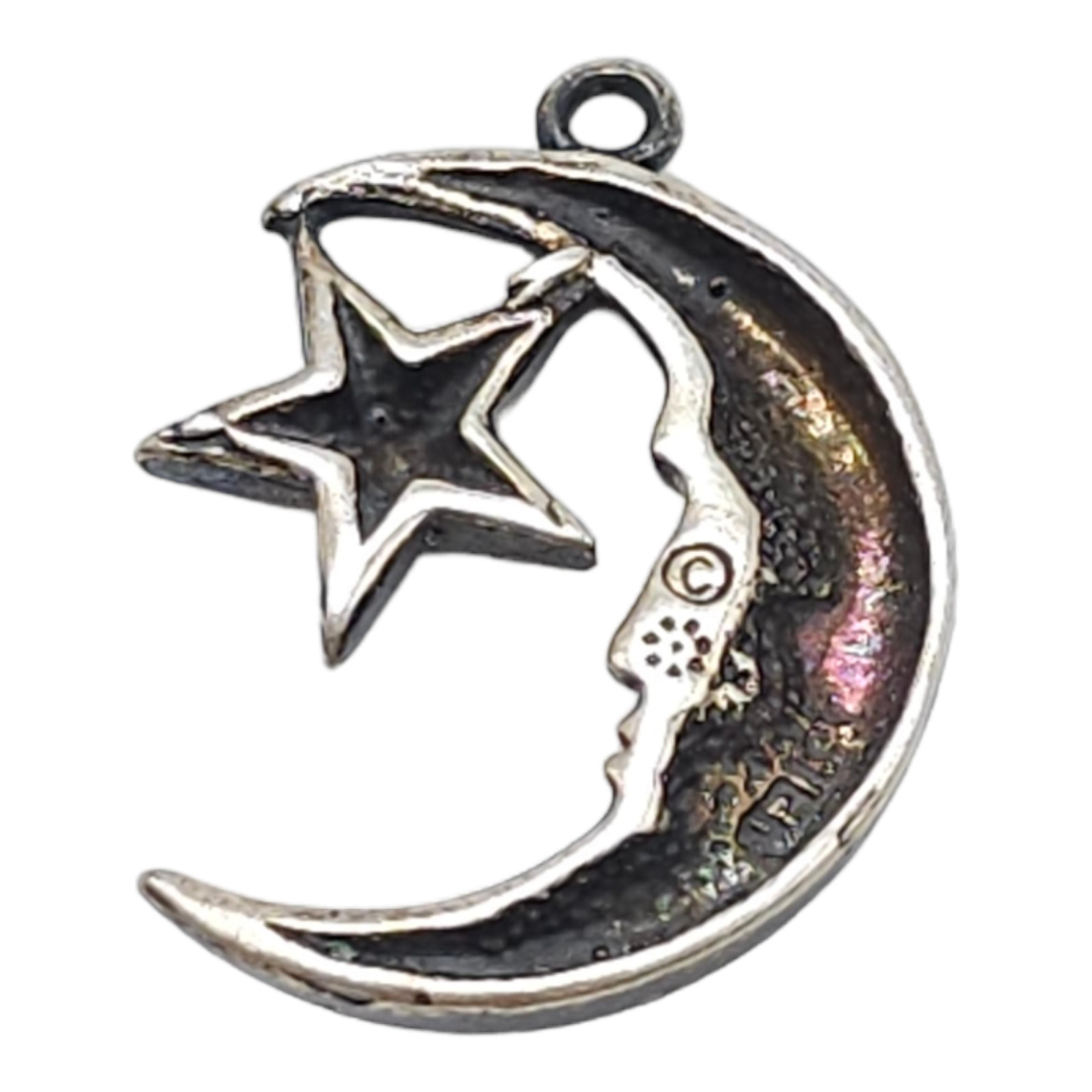 C Marked Man in Moon Face Star Dangle Drop Charm Silver Tone Vintage Sterling