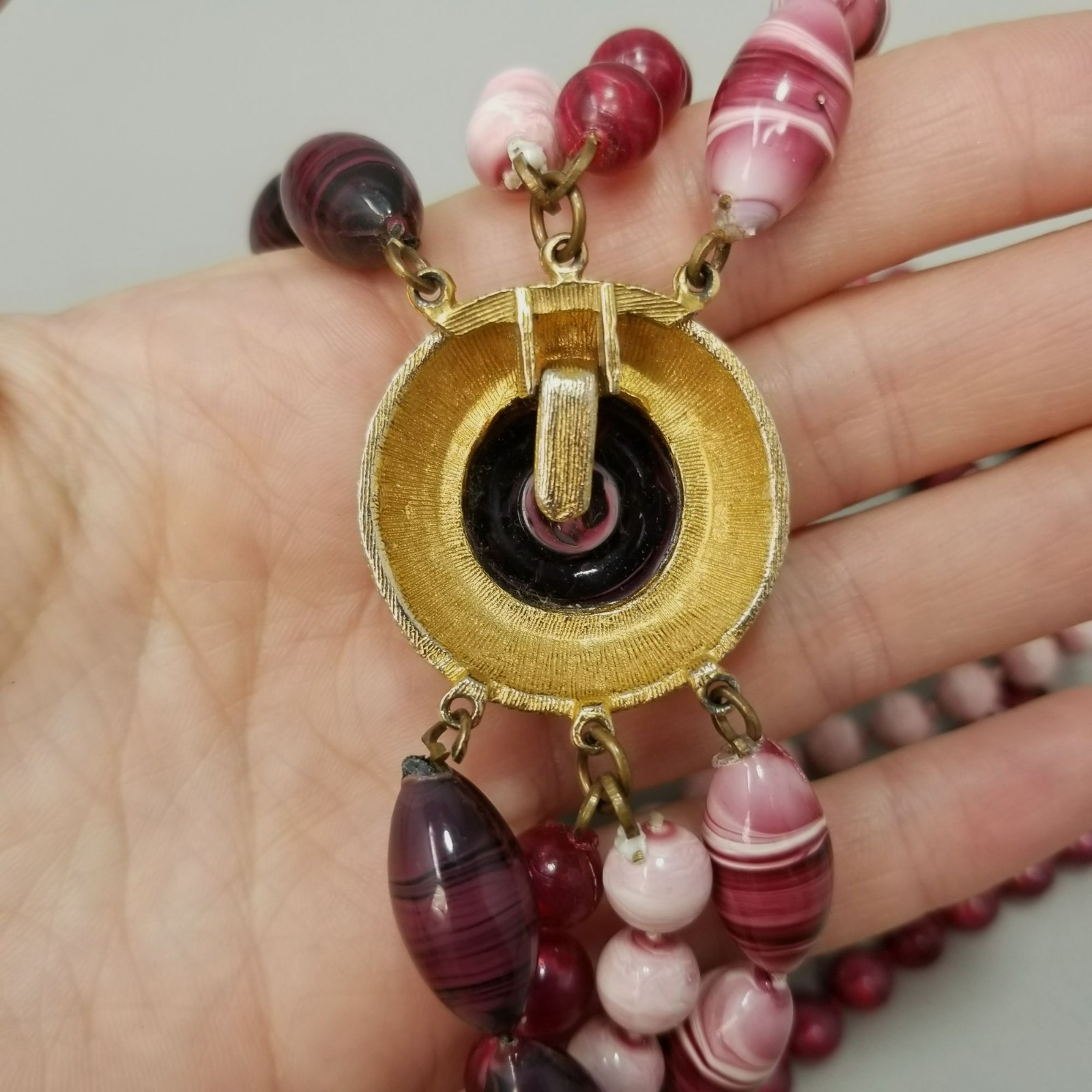 Vintage 8 Strand Pink Red Purple Beaded Necklace 18 Inch Fancy Clasp