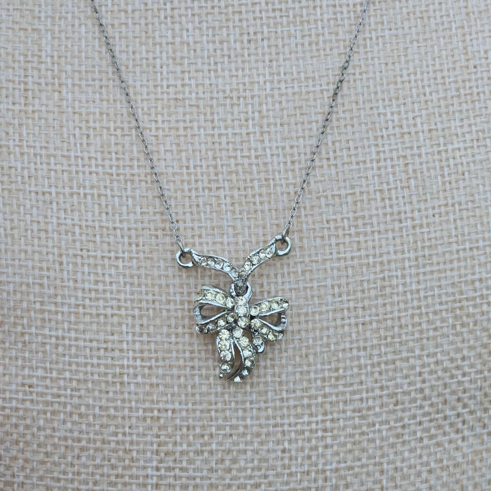 VTG Sterling Silver Bow Pendant Necklace Rhinestones Chain Elegant Jewelry Gift