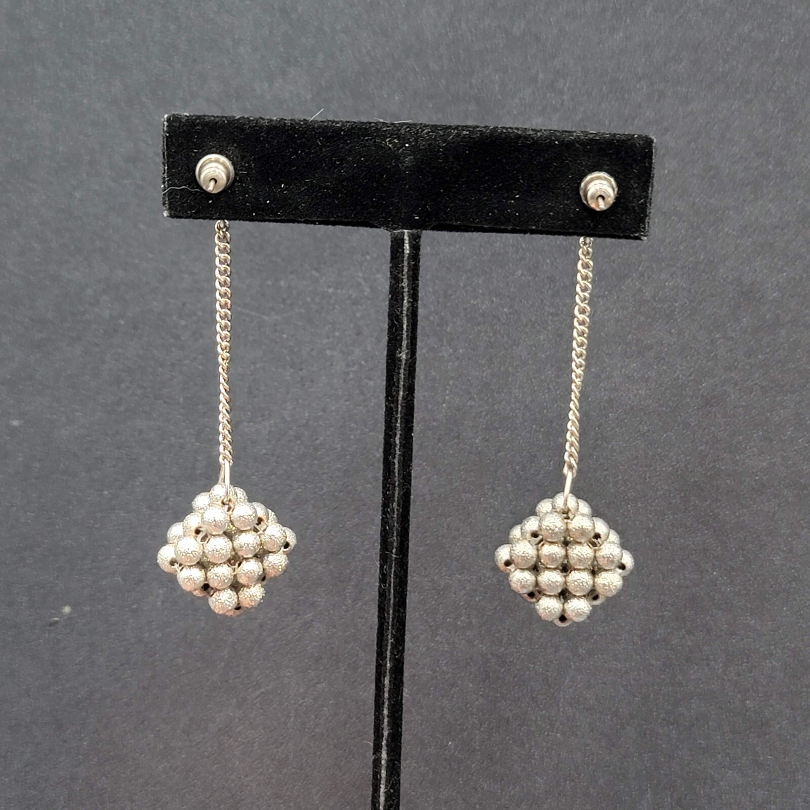 Vintage Pierced Earrings Silver tone Bead Cluster Dangle Unique 2.5″