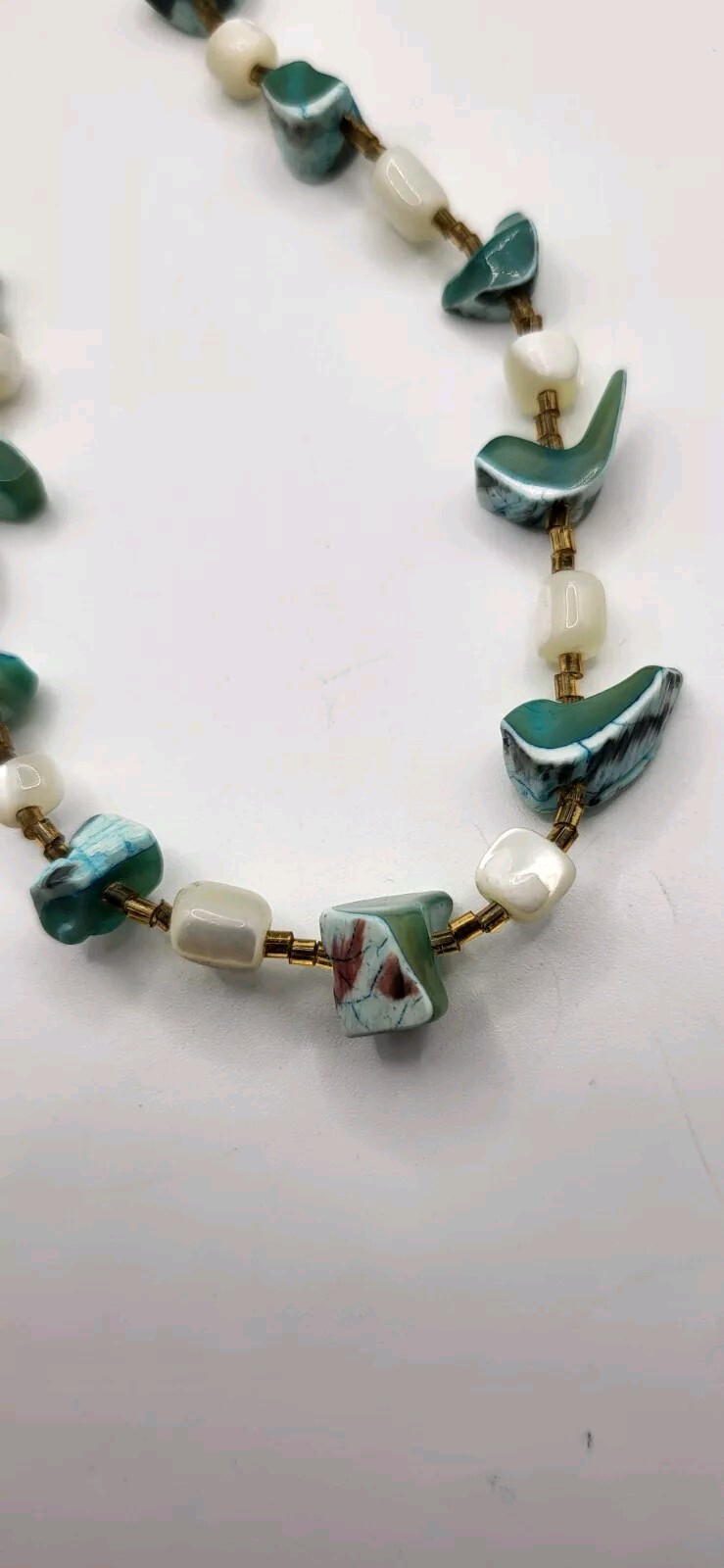 Mother Of Pearl Artisan Green Blue Shell White Vintage Necklace Hook Clasp Long