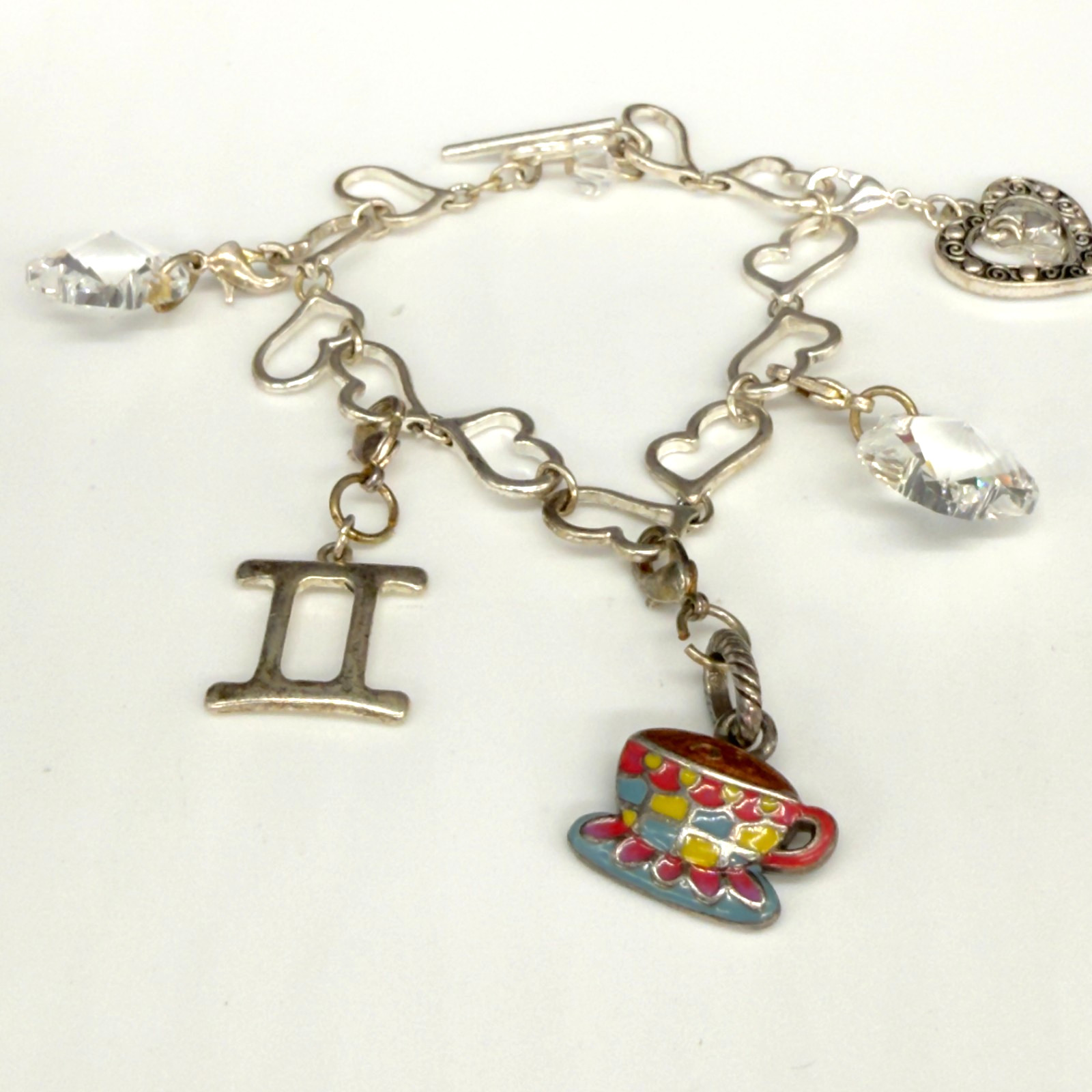 Heart Charm Bracelet Silver Tone Links Crystal Charms Enamel Size 6