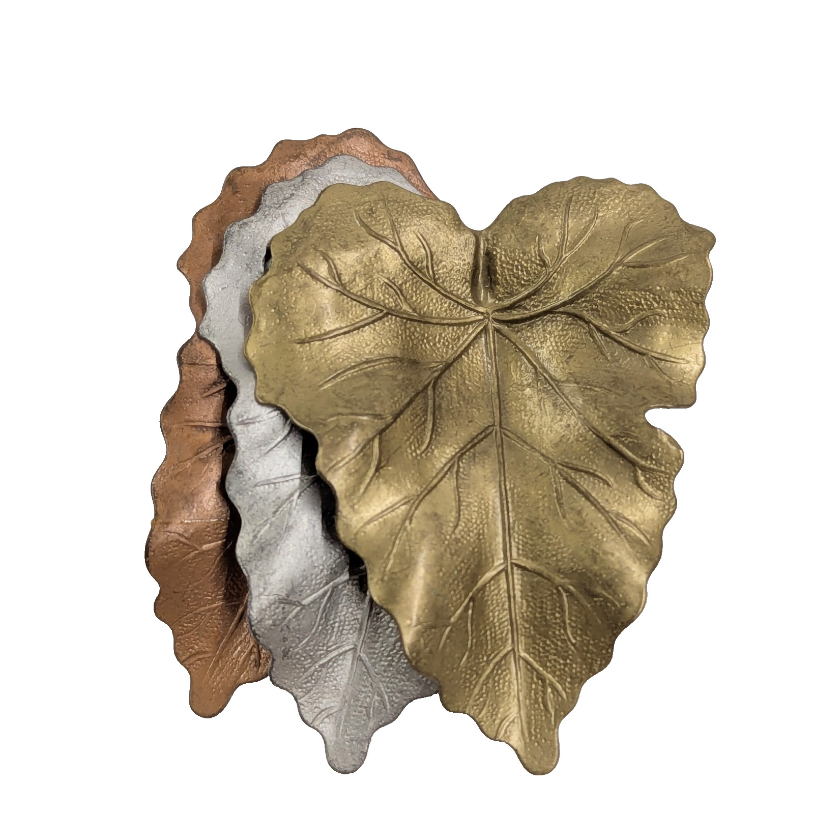 Tri-Colored Autumn Leaves Brooch Vintage Silver Gold Bronze Metal Tones Brushed