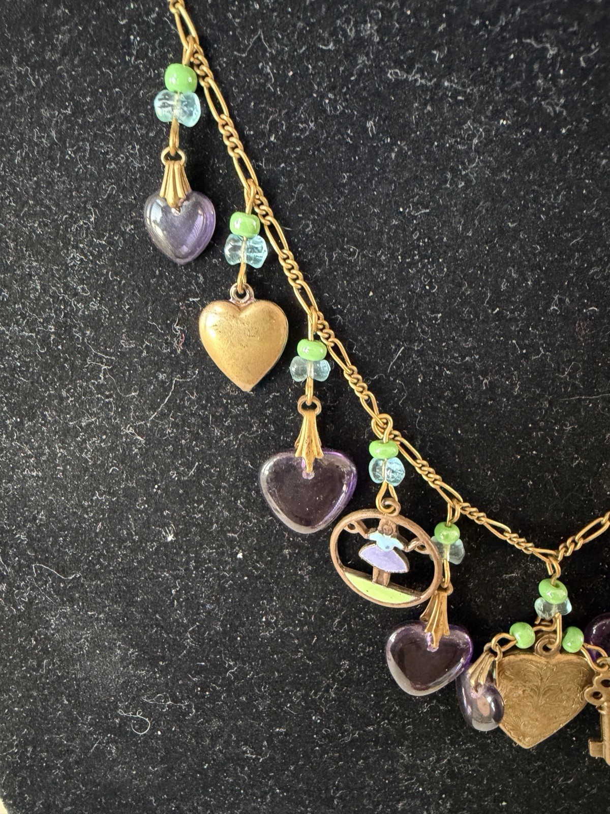 Vintage Signed Glassworks Studio Multi Charm Love Luck Fun Heart 18″ Necklace