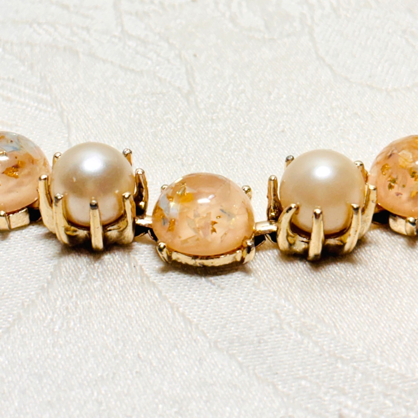 CORO pink confetti Lucite cabochon faux pearl bracelet fold over clasp vintage