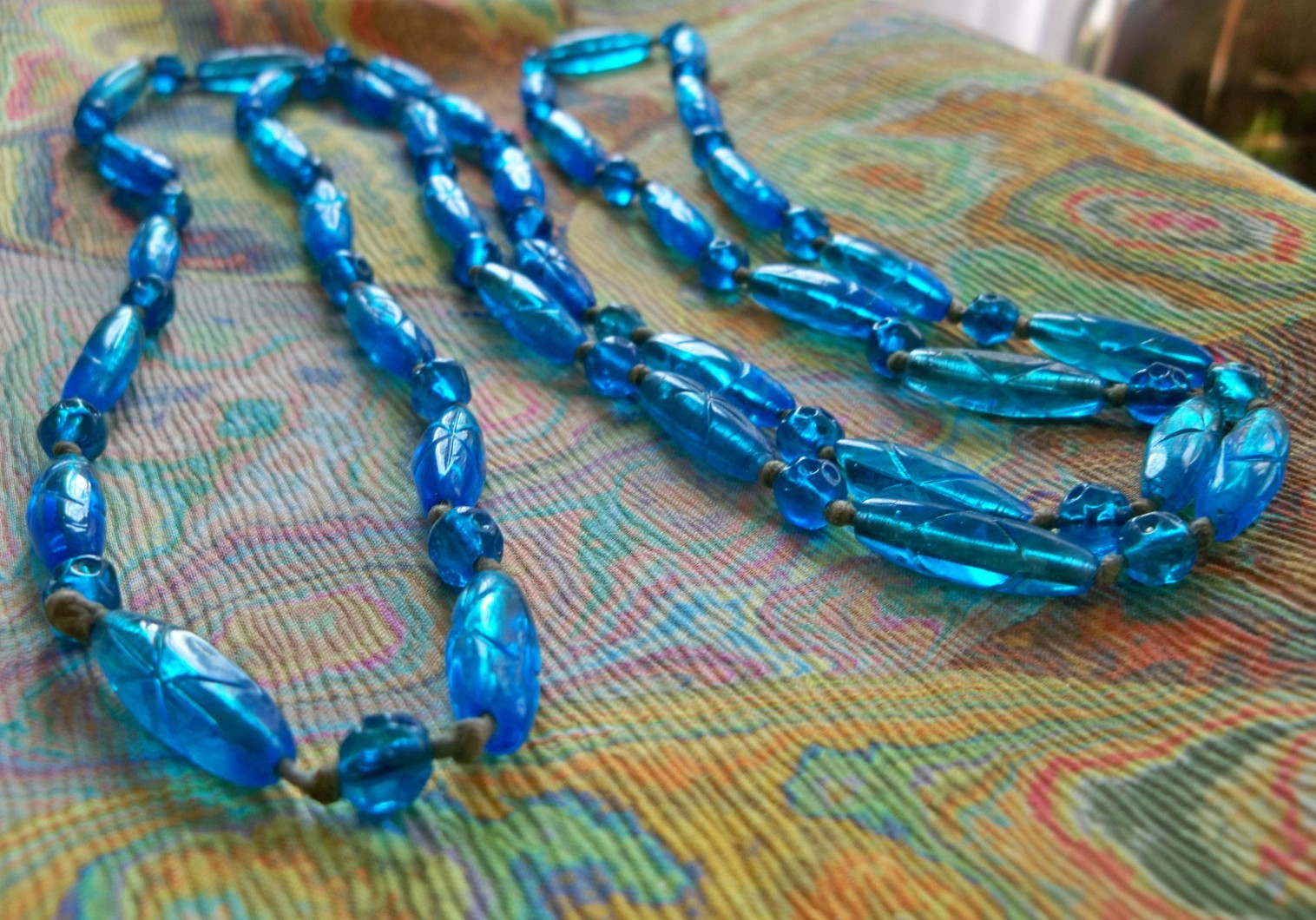 victorian vintage 20s DECO NECKLACE blue GLASS BEAD 50″ LONG egyptian revival
