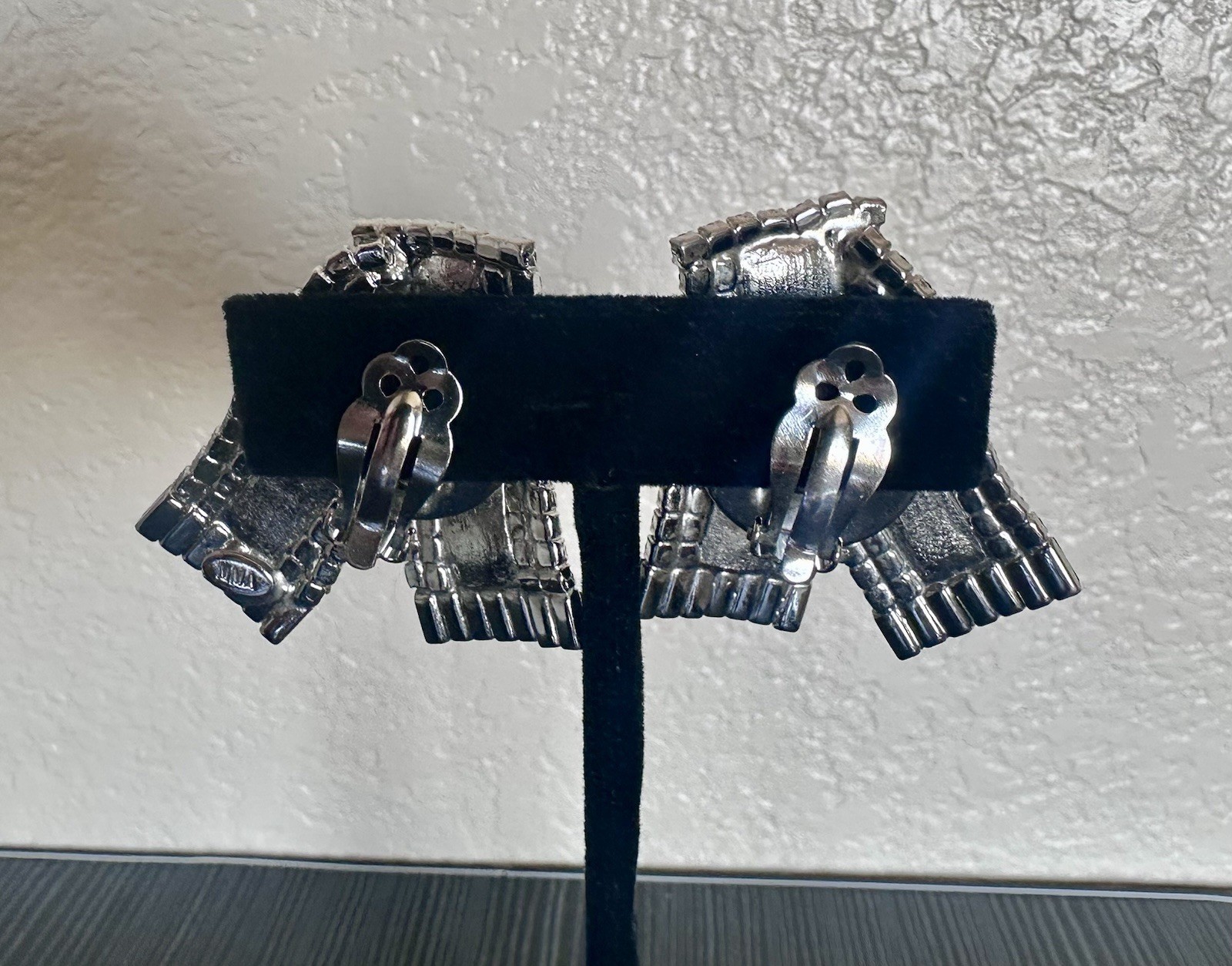 Vintage MMA Clip On Earrings W/ Ribbon-Fold Design + Emerald & Clear Rhinestones