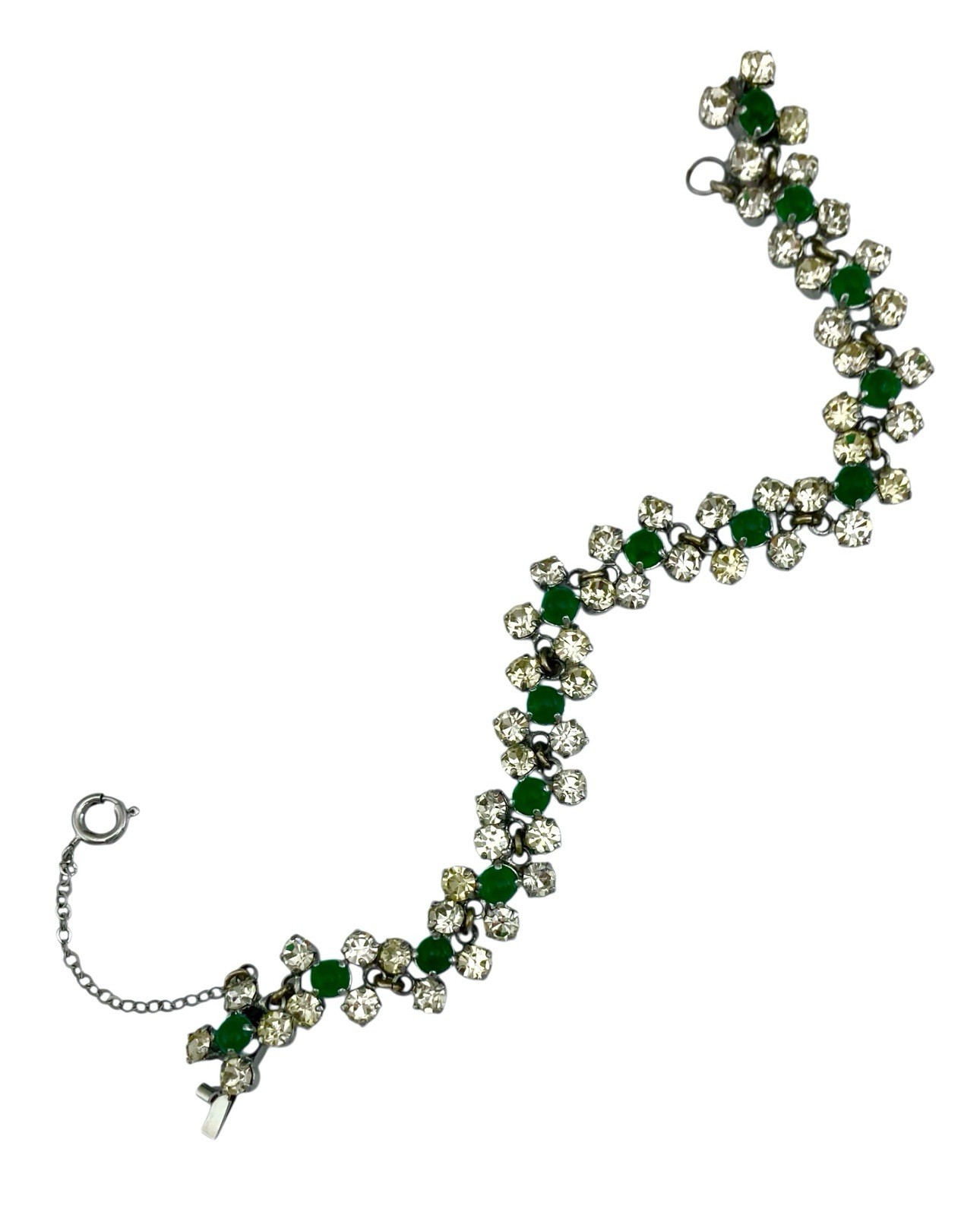 VINTAGE 1950’s Silver Tone Faux EMERALD & CLEAR AUSTRIAN CRYSTAL Link Bracelet