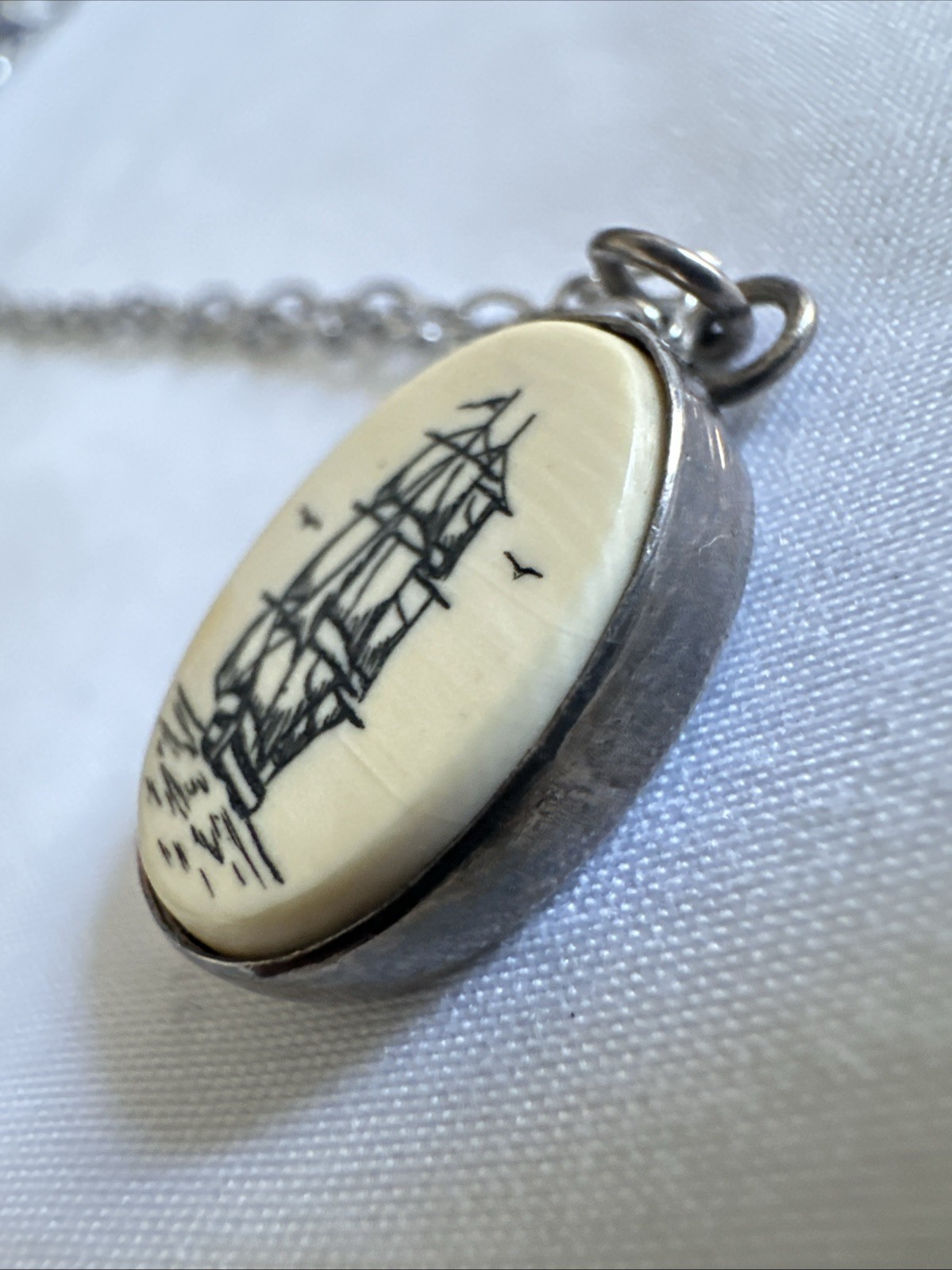vintage Sterling Silver clipper ship pendant With Silver Tone Necklace 22”