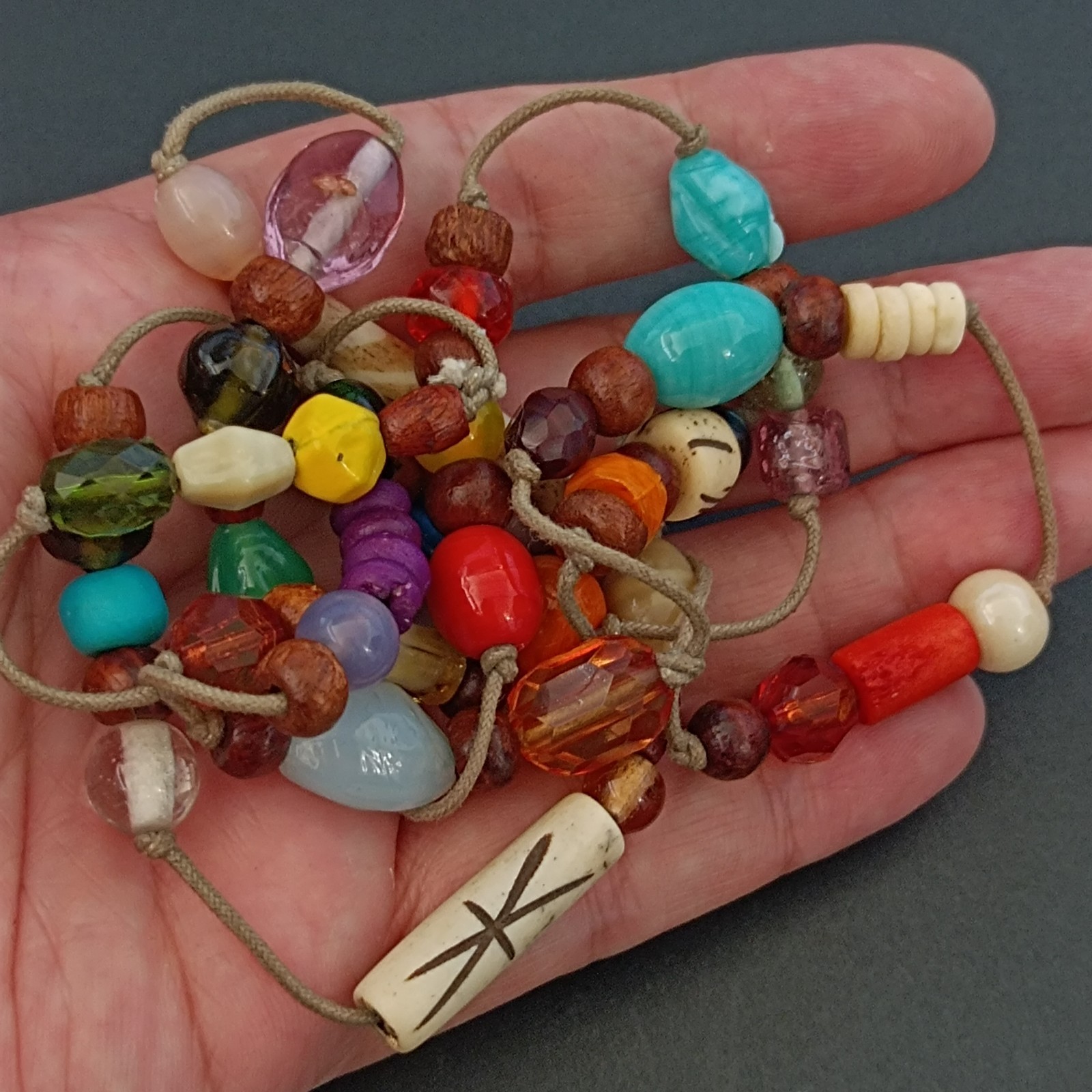 Vintage Long Boho Lariat Necklace Mixed Beads Glass Ceramic Wood Knotted Station