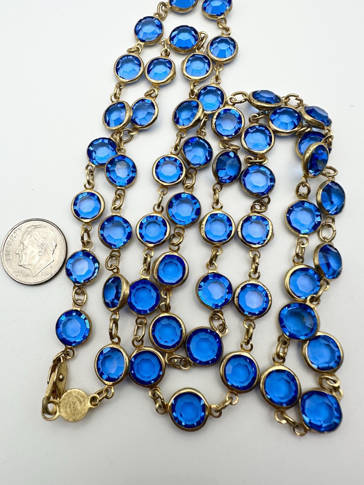 Vintage Austrian Crystal USA Blue Crystal Bezel Necklace 34”Long