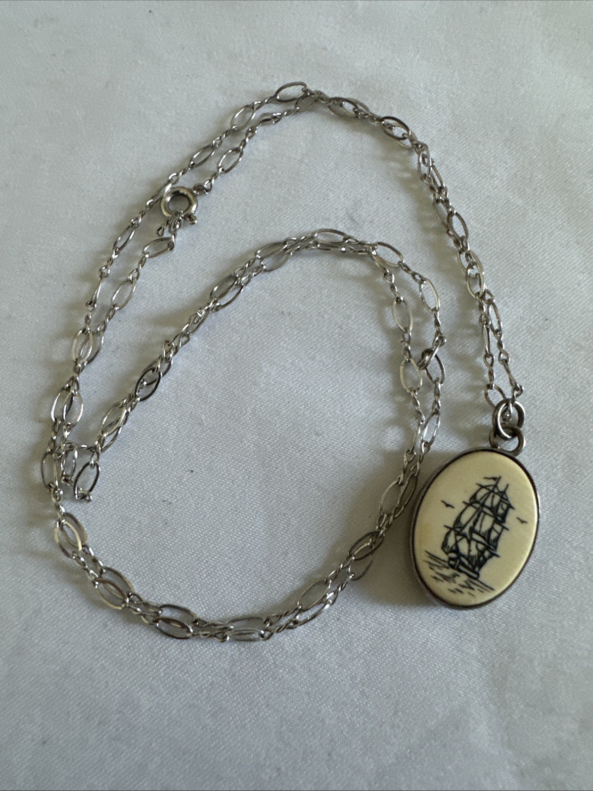 vintage Sterling Silver clipper ship pendant With Silver Tone Necklace 22”