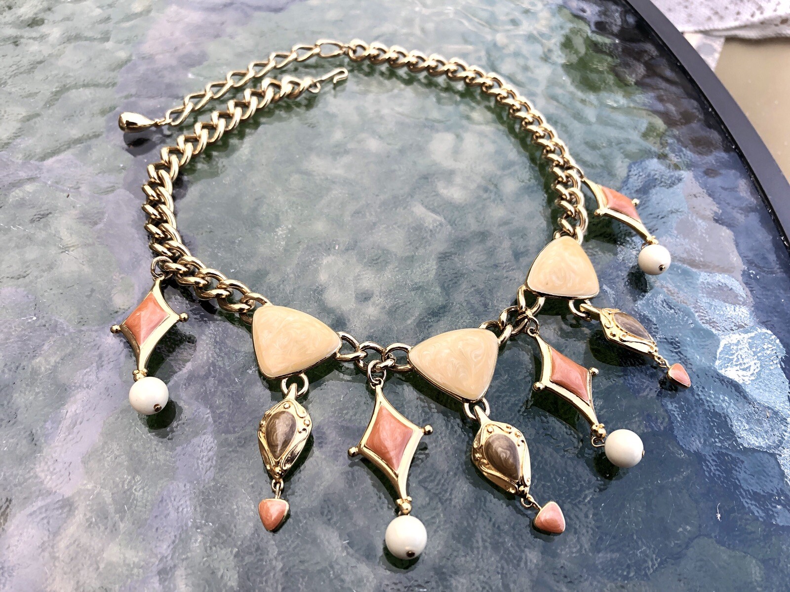 Vintage Trifari Gold Cream Tan Orange Enameled Drop Necklace