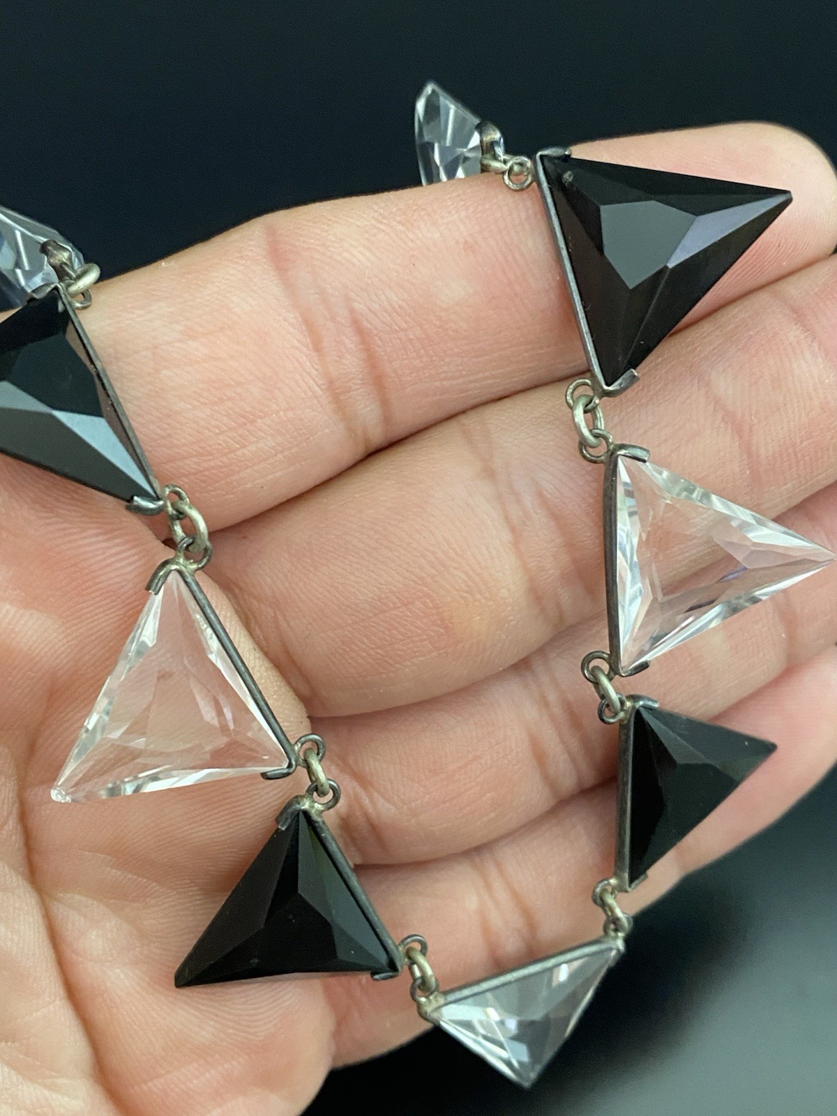 Art Deco VTG Silver Tone Trillion Cut Clear & Black Rock Quartz Choker Necklace