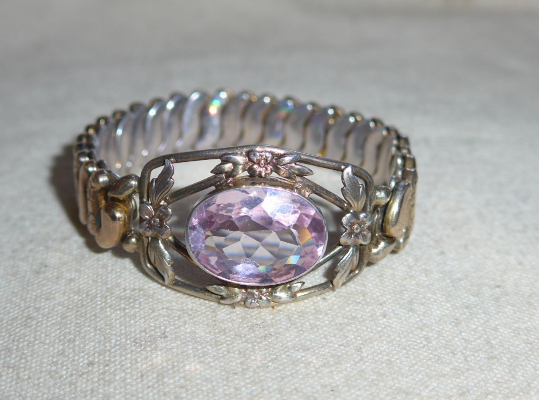 Vintage WWII Sweetheart Expansion Bracelet Co-Star Sterling Pink Stone Faceted