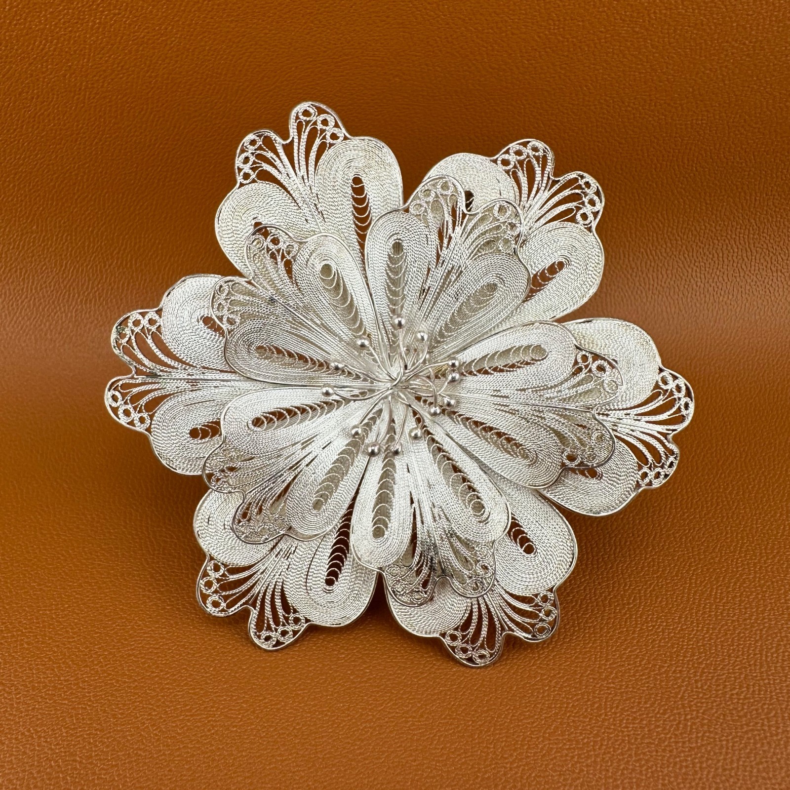 Vintage Sterling Silver Flower Brooch Pin Cannetille Filigree Floral 925 Signed