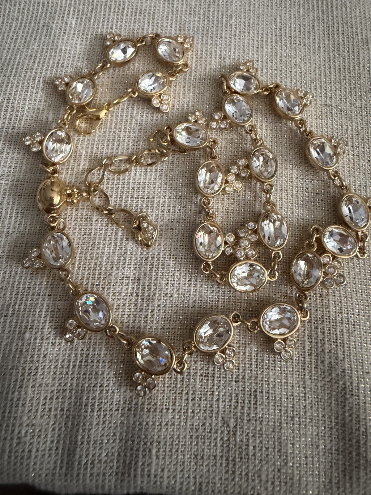 Vintage Swarovski Gold Clear Crystal Trefoil Station Link Necklace