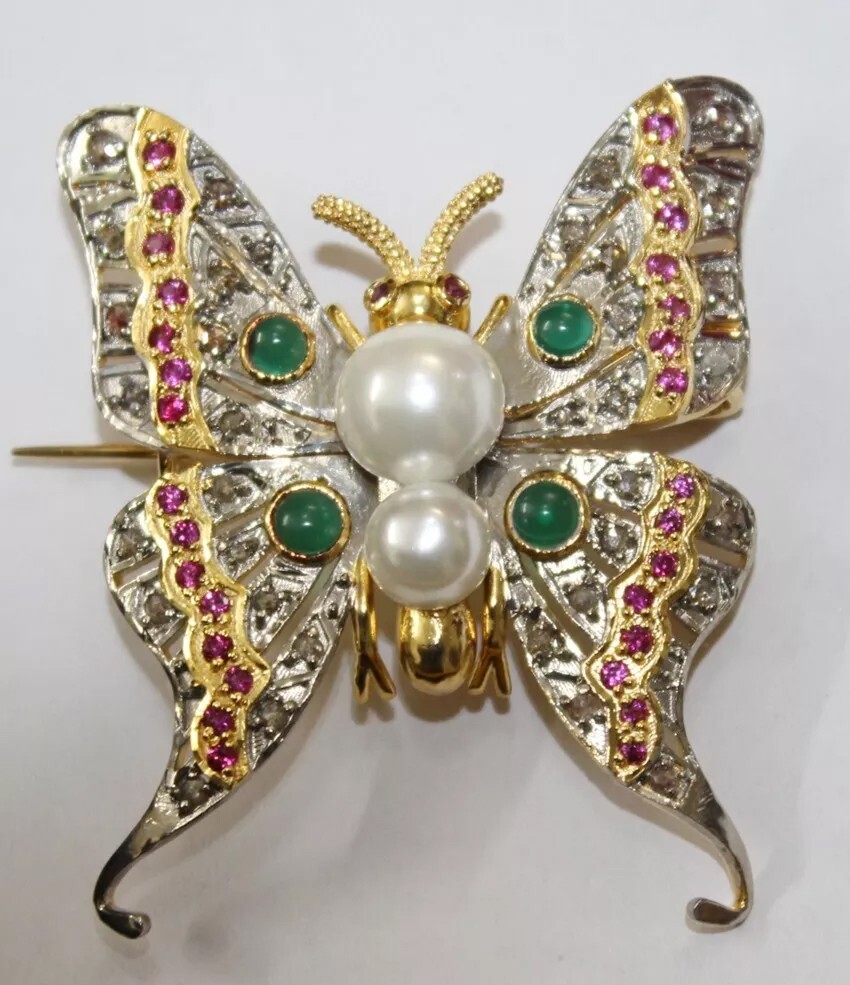2.40ct Rose Cut Diamond Ruby Emerald Pearl 925 Silver Butterfly Brooch Pin