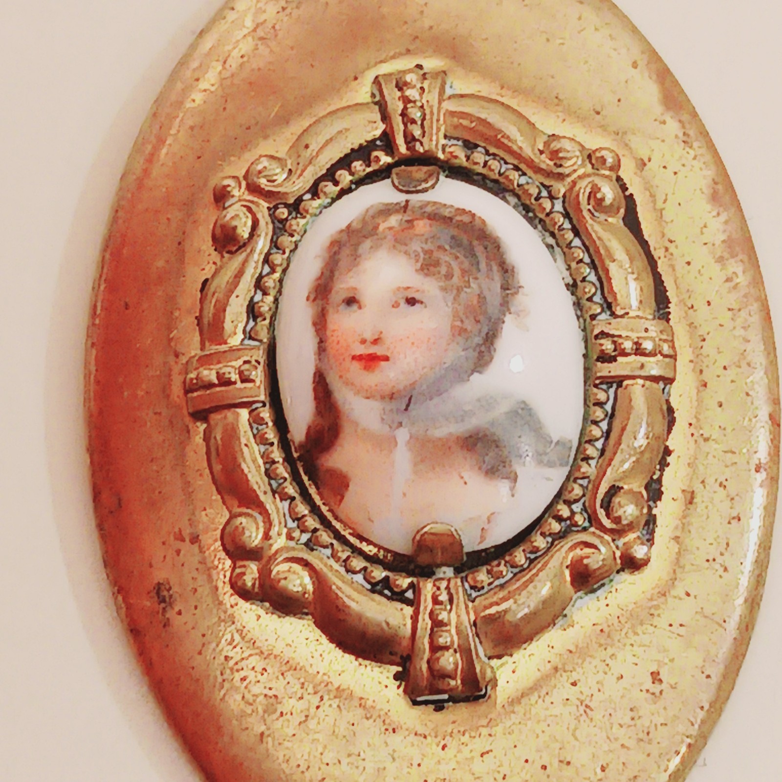 Antique Victorian Portrait Pendant Oval Gold Tone Jewelry Child Fine Art Estate