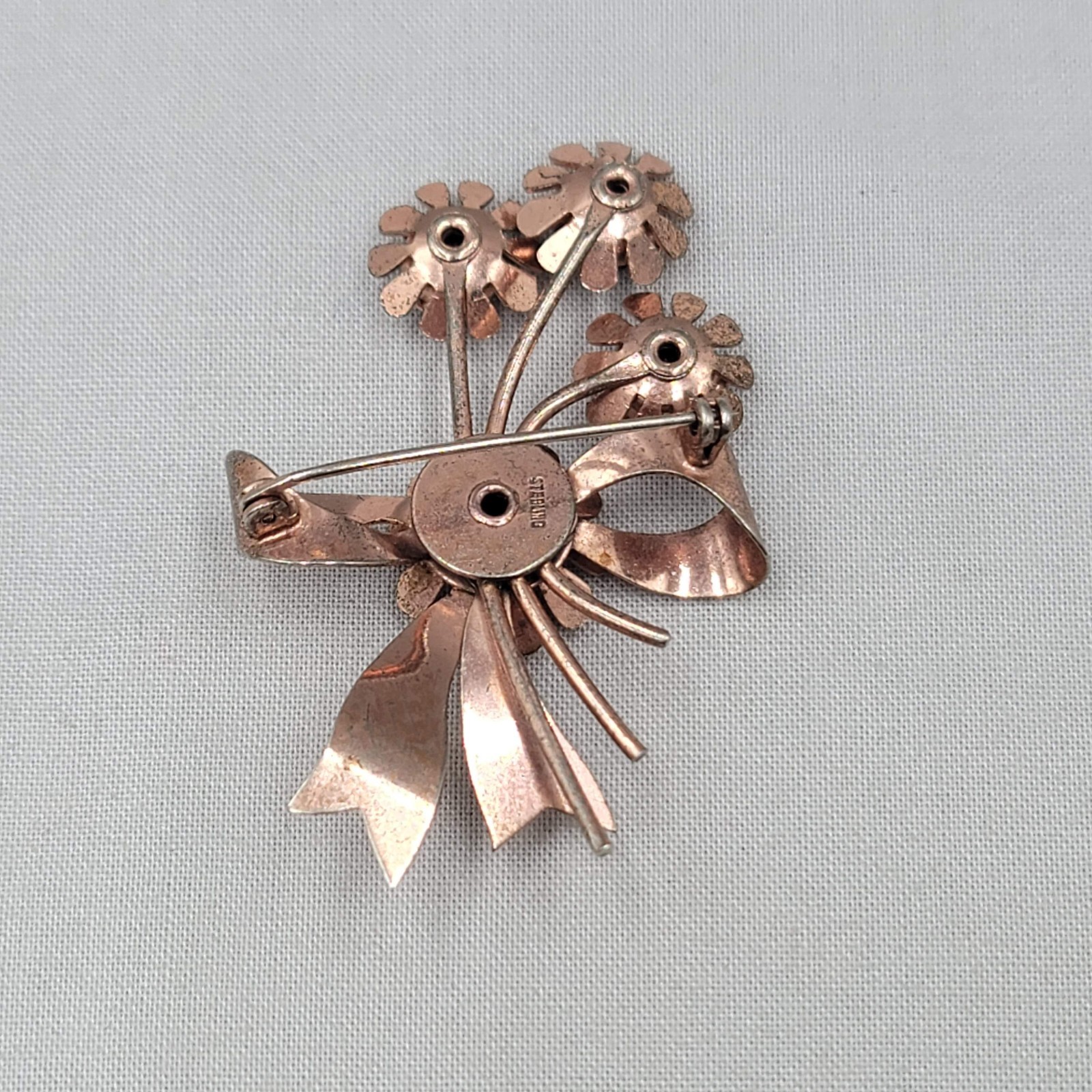 Vtg Sterling Silver Flower Pin Brooch Purple Rhinestone Rose Gold Vermeil 2.5″