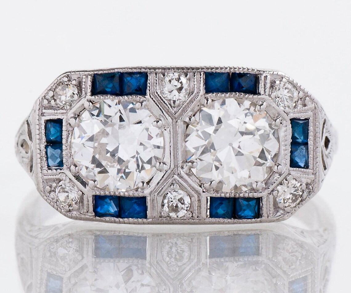 Fancy 2 CTW White Round Cut CZ Art Deco Antique Style Engagement 925 Silver Ring
