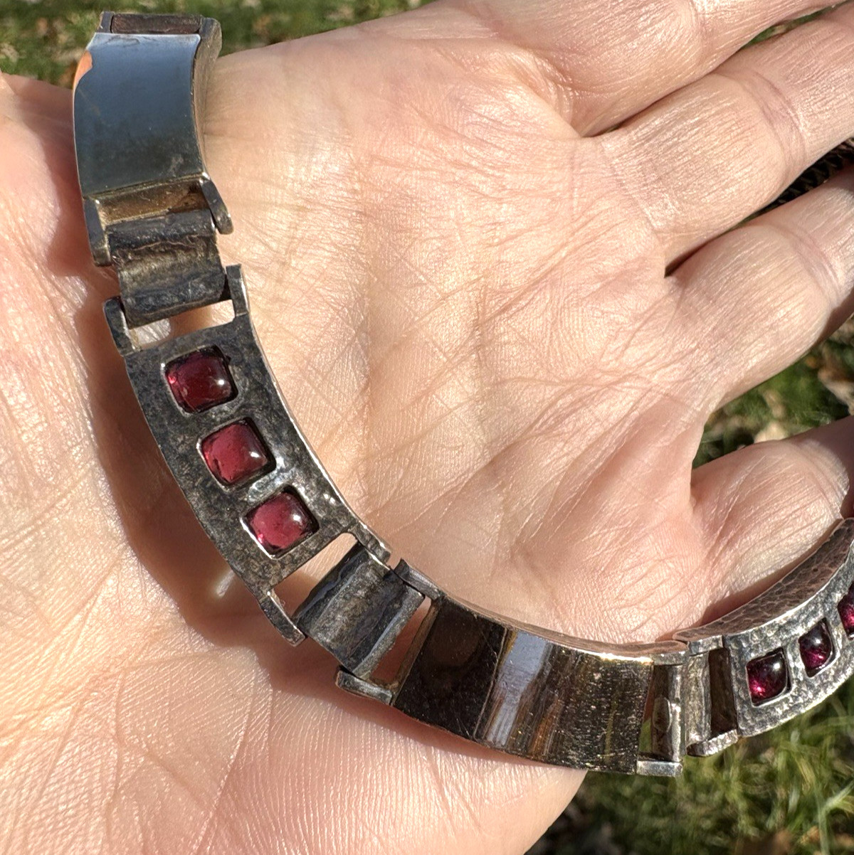 Italy Necklace Modernist Garnets Red Mesh Chain Sterling Silver Gold Plate Heavy