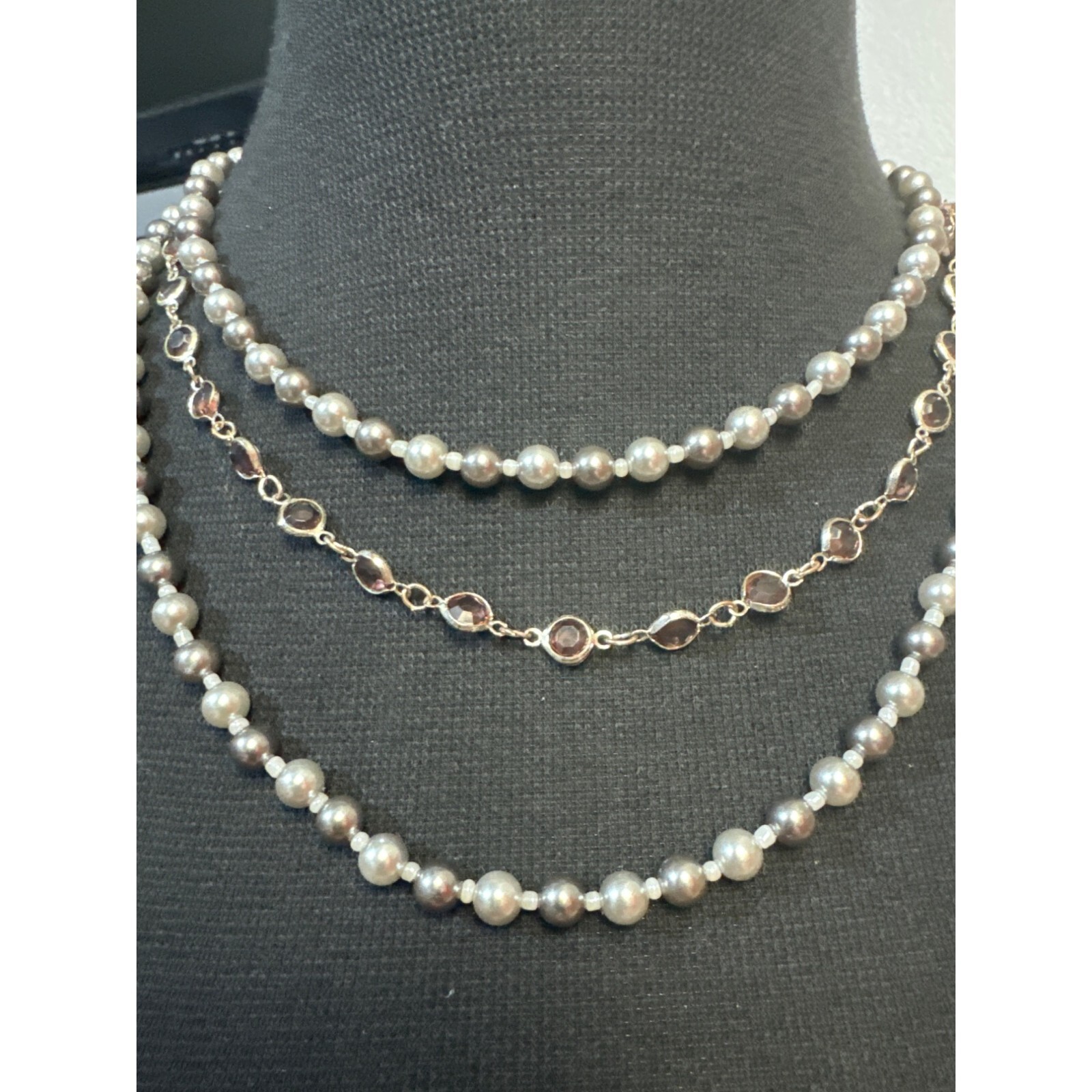 Roman And Sunstone Triple Strand Gray Pearl and Rhinestone Necklace 18 inch