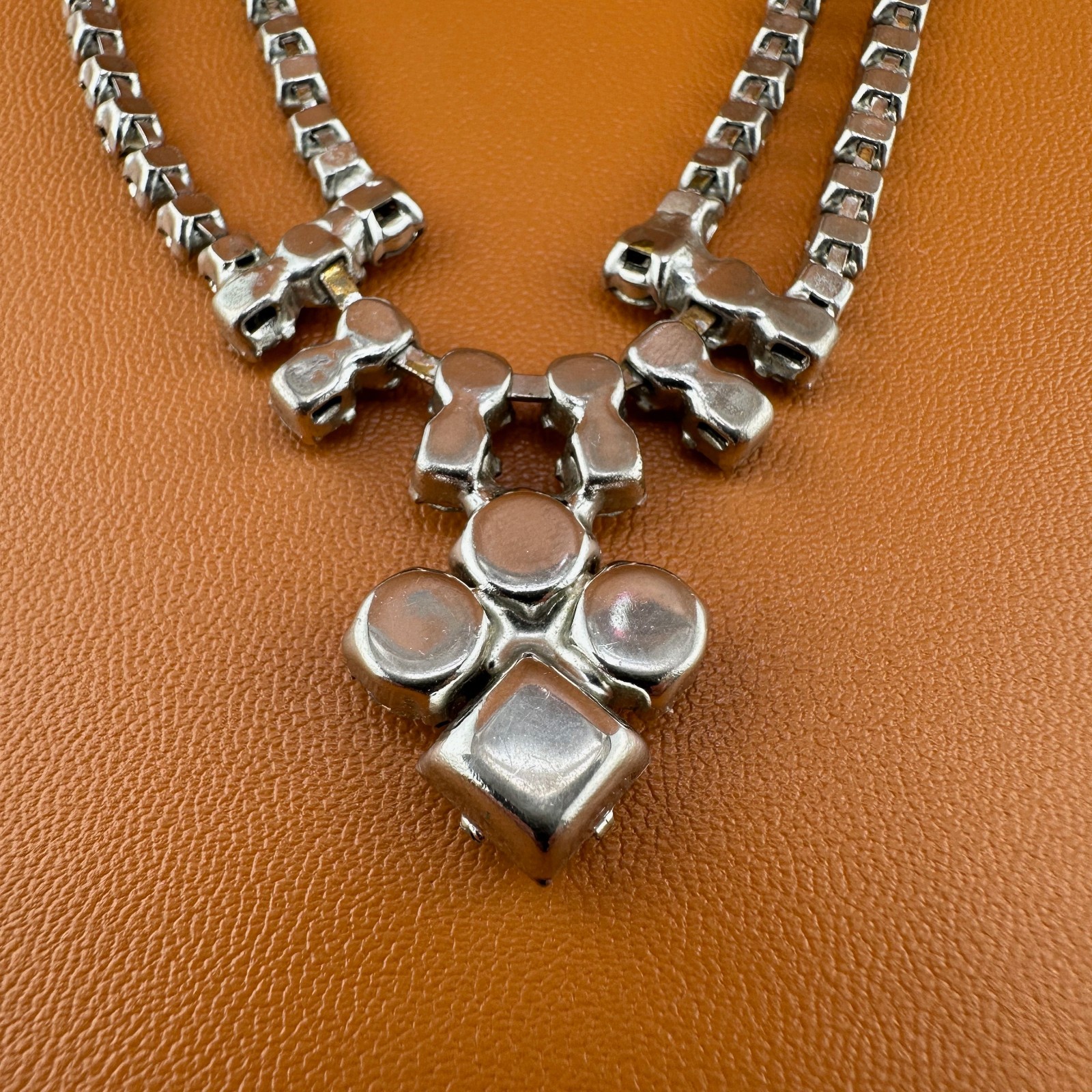 Vintage Rhinestone Festoon Style Necklace Silver Tone Cup Chain Clear Stones