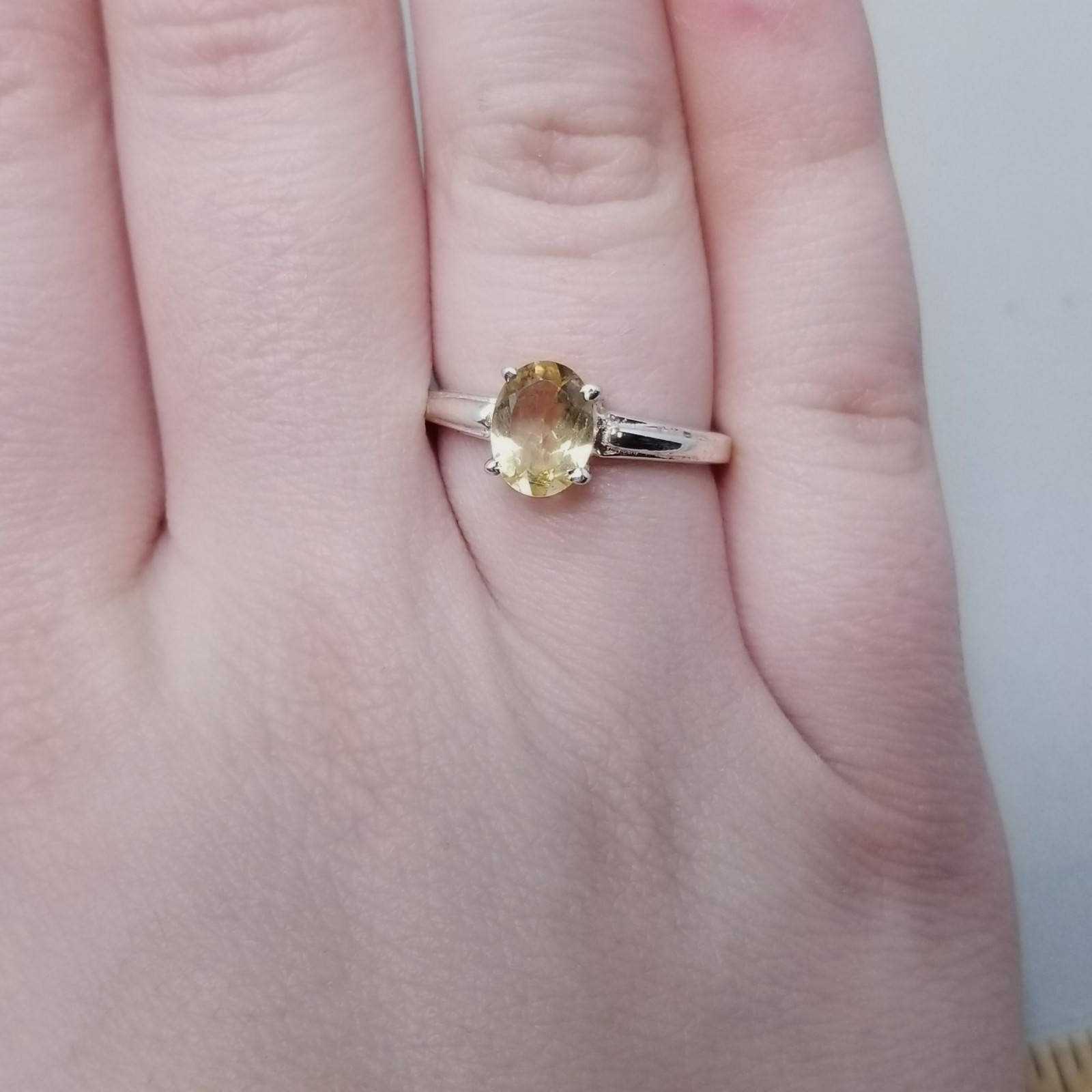 Vintage Sterling Silver Yellow Stone Ring Size 8 Band Oval Small Stacking