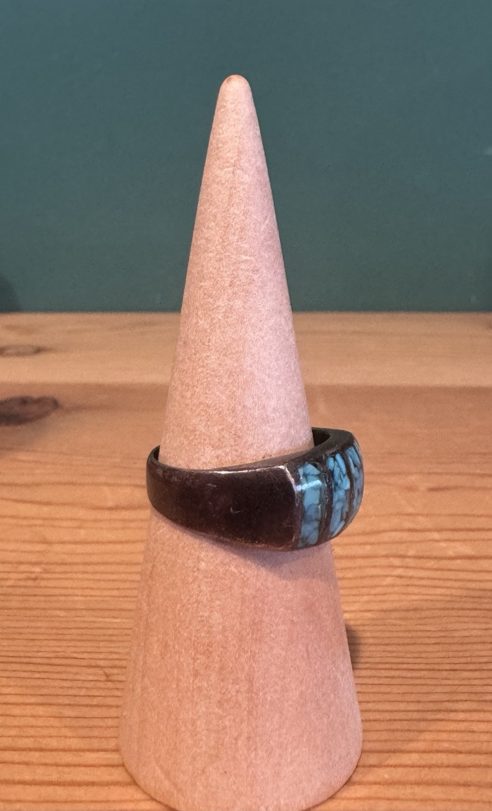 Vintage Southwestern Sterling Silver, Chip Inlay Turquoise Ring – Size 10.25