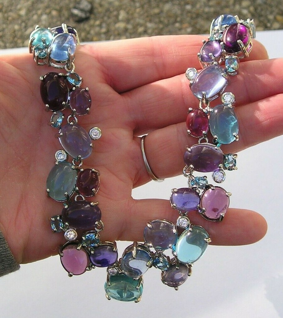 Stunning Vintage Purple Blue Glass Cabochon Open Back Statement Necklace
