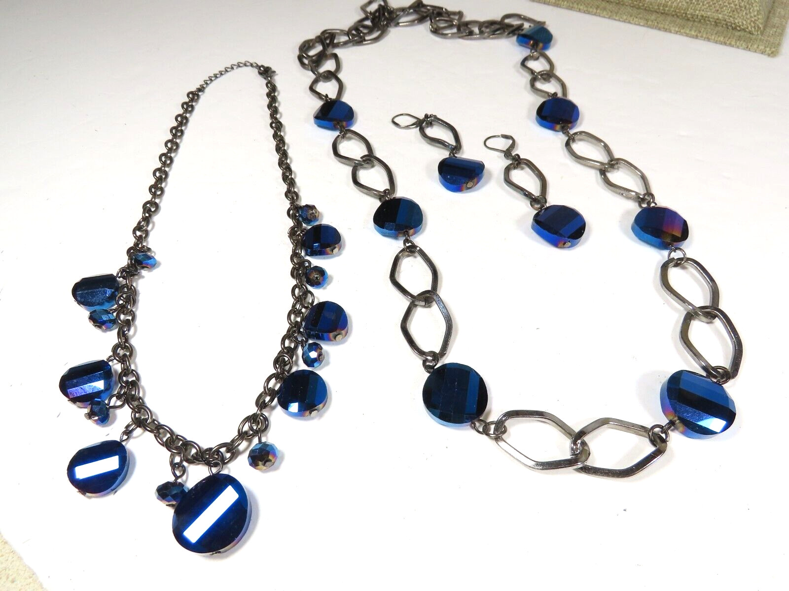 Vintage Blue Beaded Glass Faceted Crystal Necklaces Earrings Set Pierced C4802