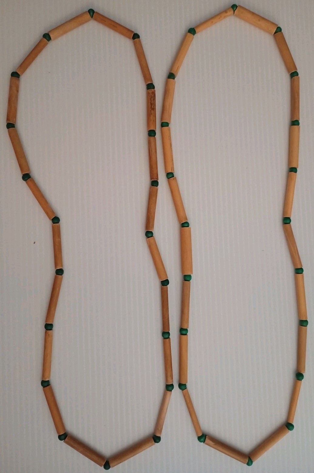 2-Vintage 80s Bamboo Tube Green Wood Bead Necklace 32″ Tubular Boho Tribal