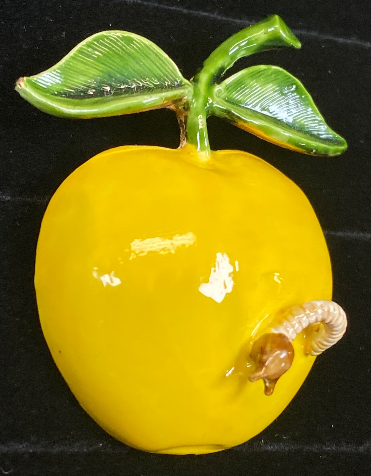 Vintage Brooch Pin Yellow Apple Worm 60s MCM Enamel Gold Tone Original By Robert