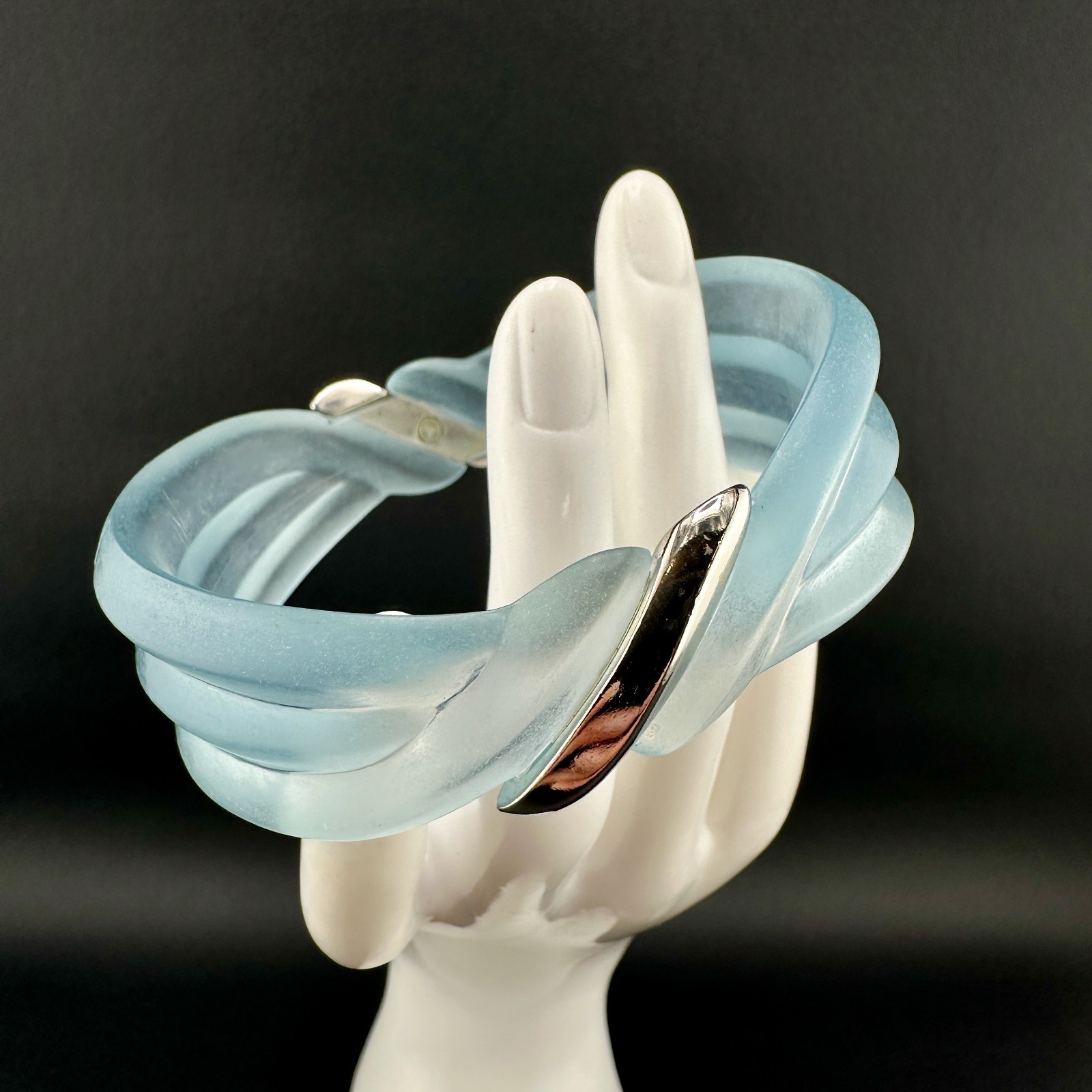 Vintage Lucite Bangle Bracelet Frosted Baby Blue Ribbed Dimensional Wave Signed