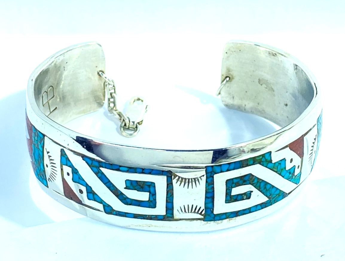 Sterling Native American Henry Baca Inlaid Turquoise & Coral Cuff 2 3/8″