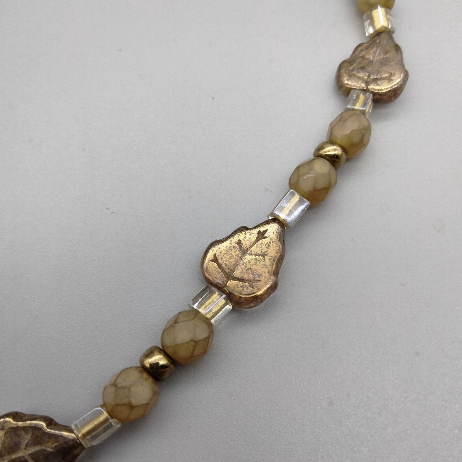 CottageCore Art Glass Necklace 17″ Artisan Made Leaves Bronze Tone Gorgeous
