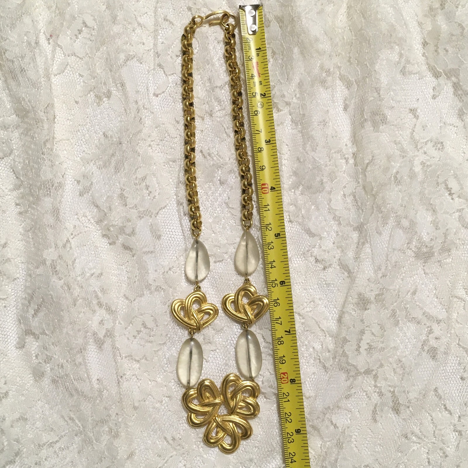 Gold Tone Clear Bead Statement Necklace Floral Open Design Round Links