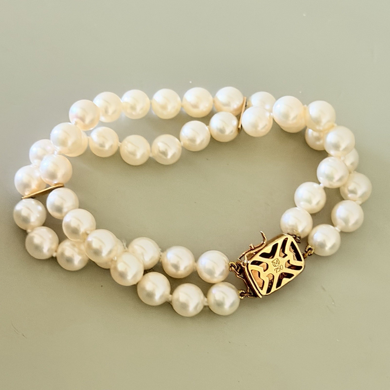 VTG Mikimoto 18K Gold Double Strand Akoya Pearl Bracelet Excellent Condition