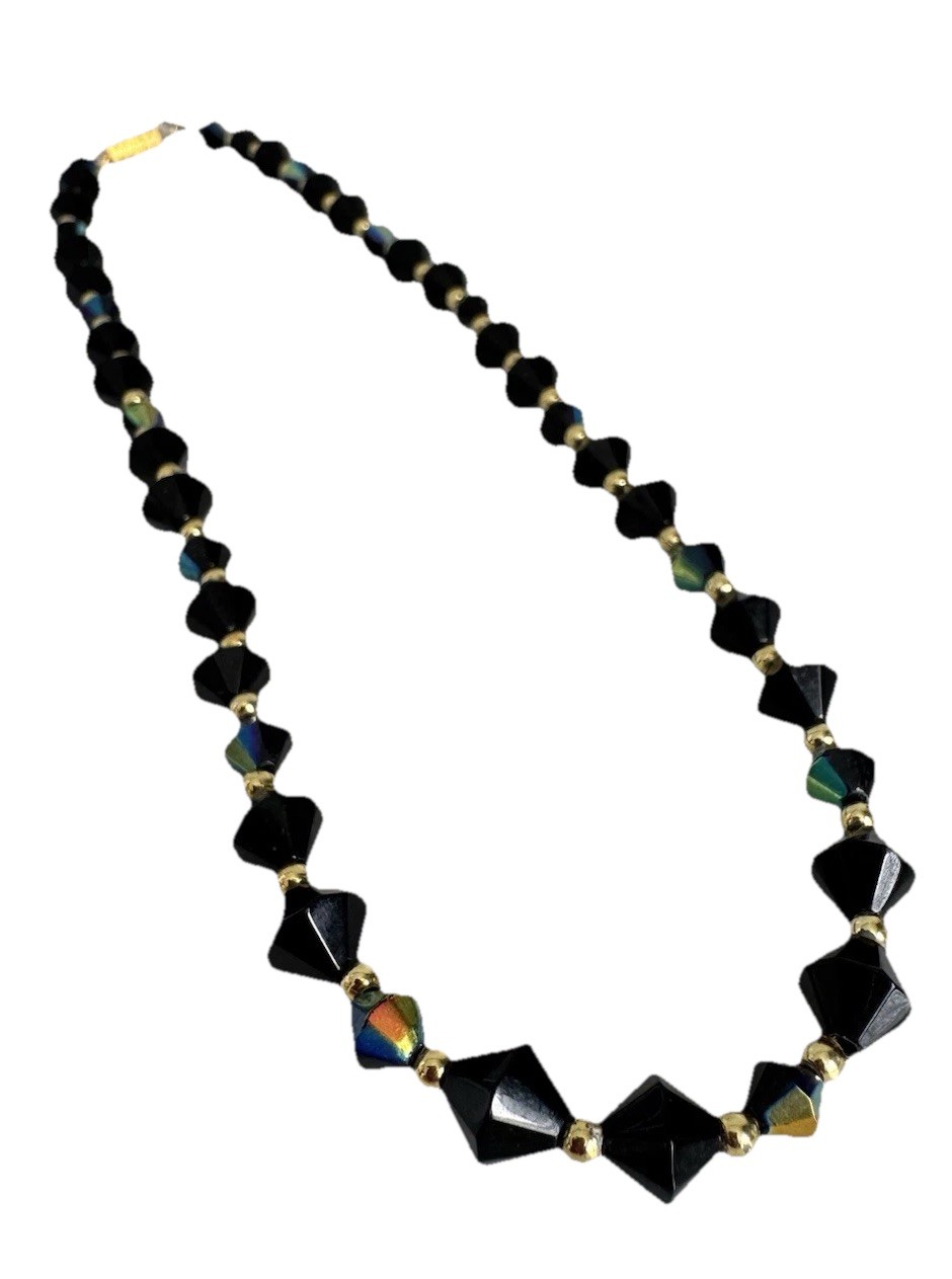 Vintage Bicone Cut Black Aurora Borealis Crystal Bead Gold Tone Accent Necklace