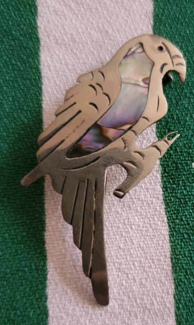 Vintage Mexican bird brooch pin jewelry abalone shell parrot marked