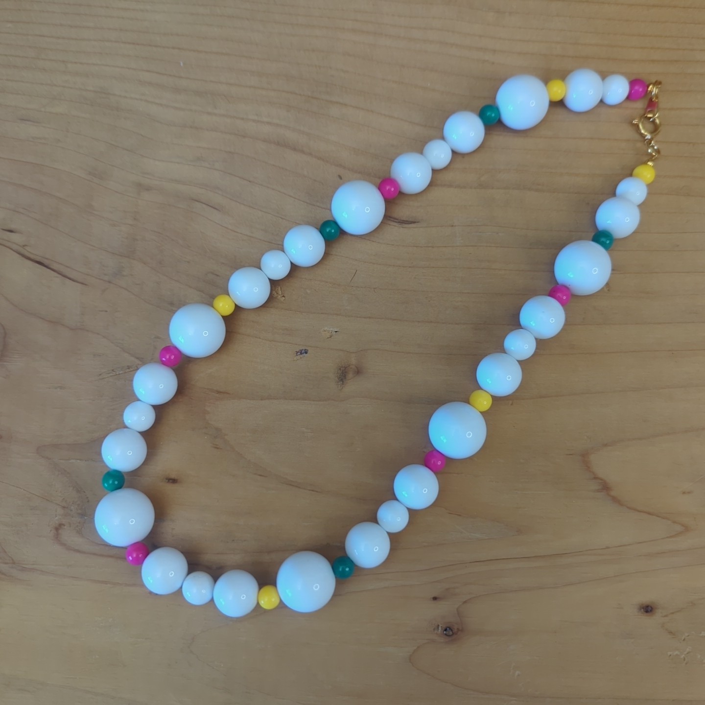 Vintage Chunky White Beaded Statement Necklace Aqua Pink Yellow Retro