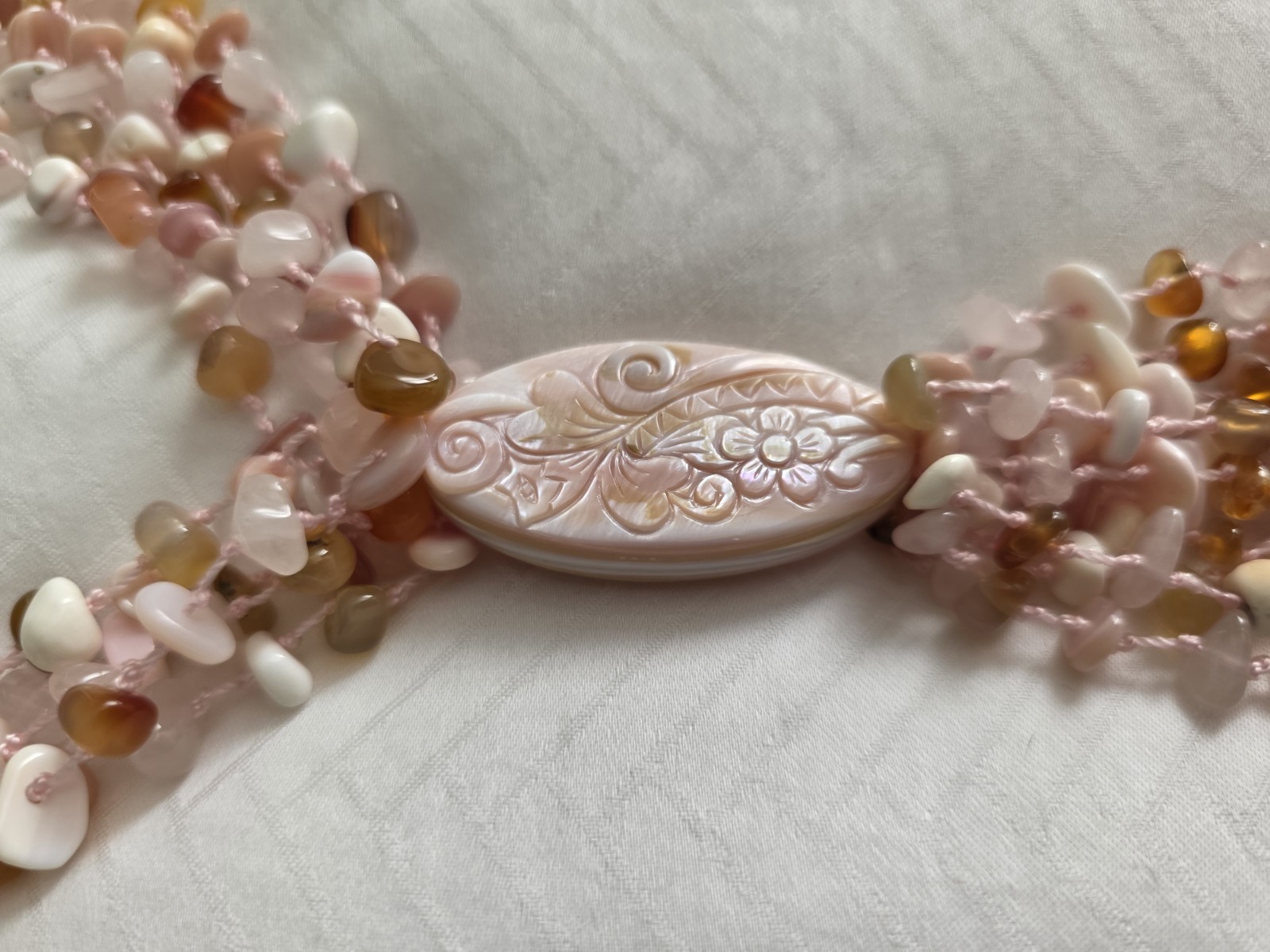 Sajen Multi Strand Gemstone Whimsical Statement Necklace Shell Rose Quartz