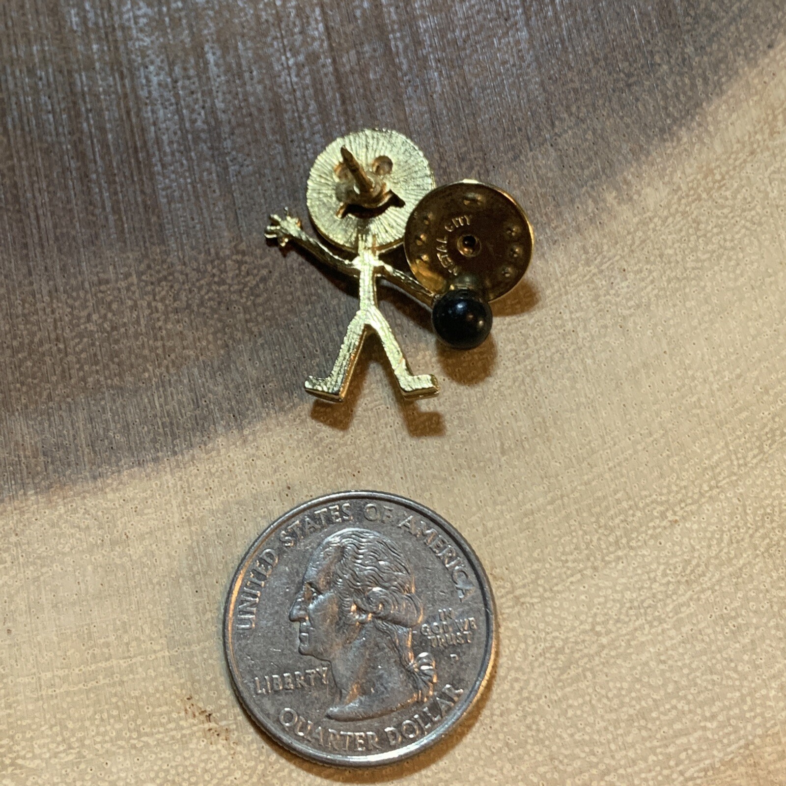 Vintage Metal City Bowling Tac Pin Stick Person Rhinestone Eyes Bowling Tac Pin