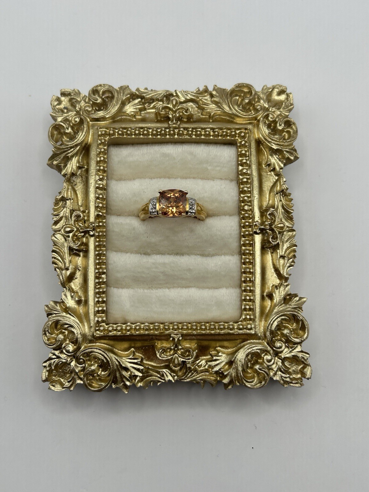 Vintage Gold Tone Cushion Cut Champagne CZ Ring w/ Accents Size 6 Costume