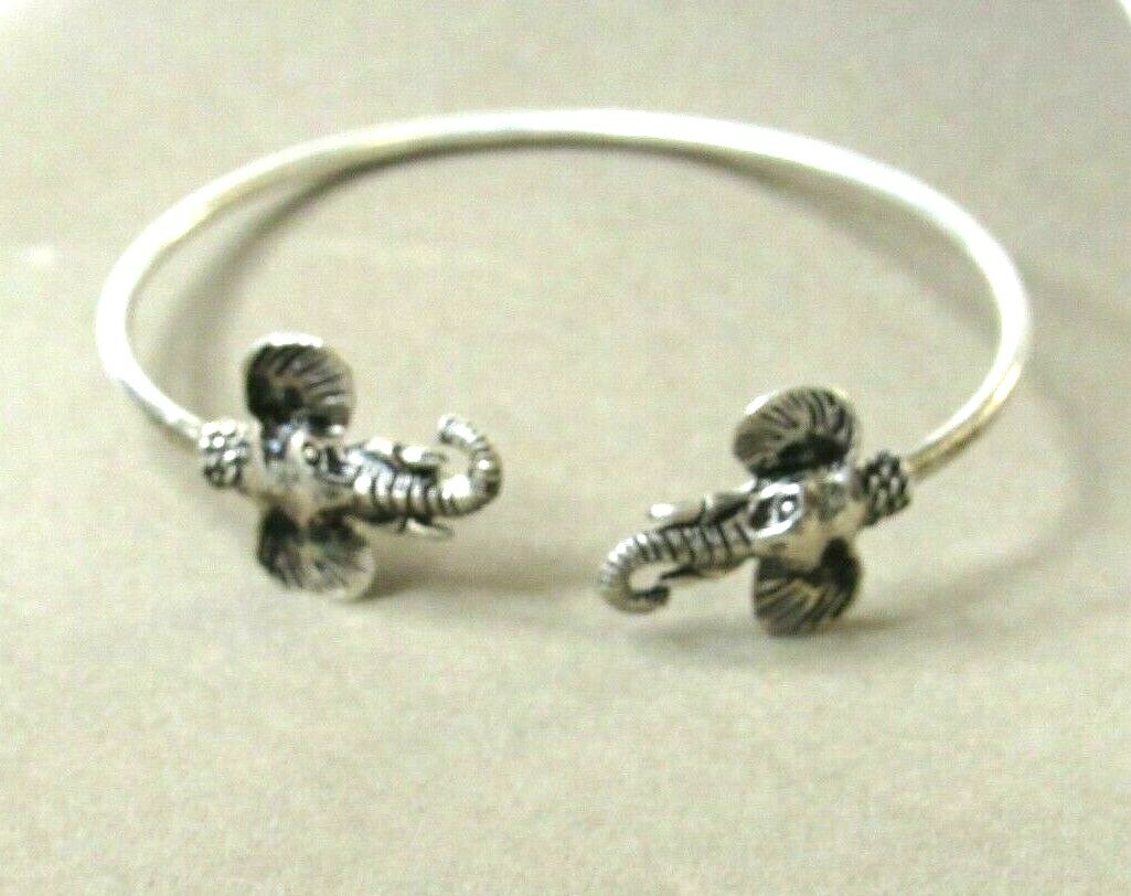 VTG Elephant Open Bangle Bracelet Antiqued Silver-Tone Safari Africa