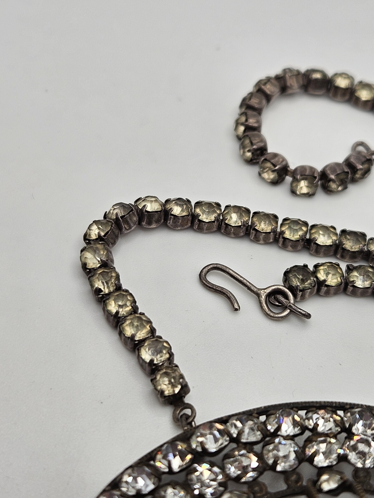 As Is Vintage Silver Tone Clear Rhinestones Ornate Pendant Collar Necklace