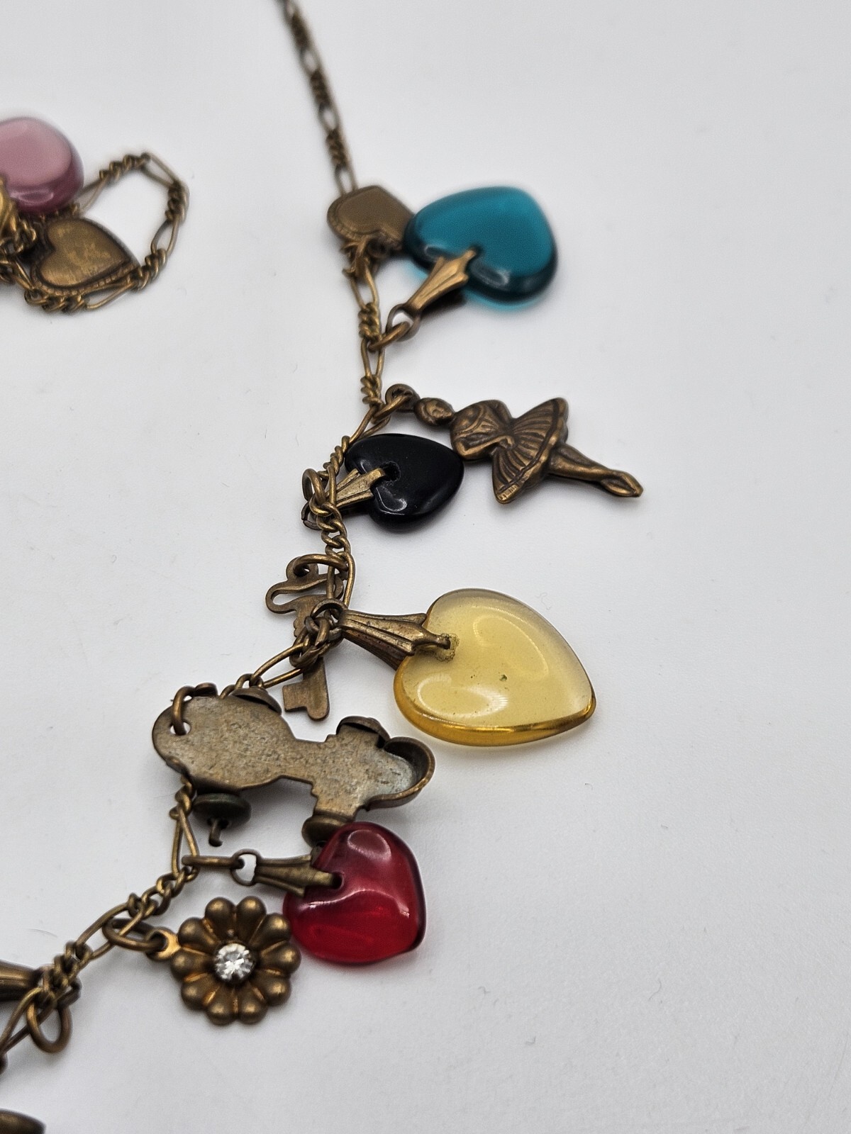 Glass Works Studio Brass Tone Multicolor Glass Dangle Hearts Charm Necklace