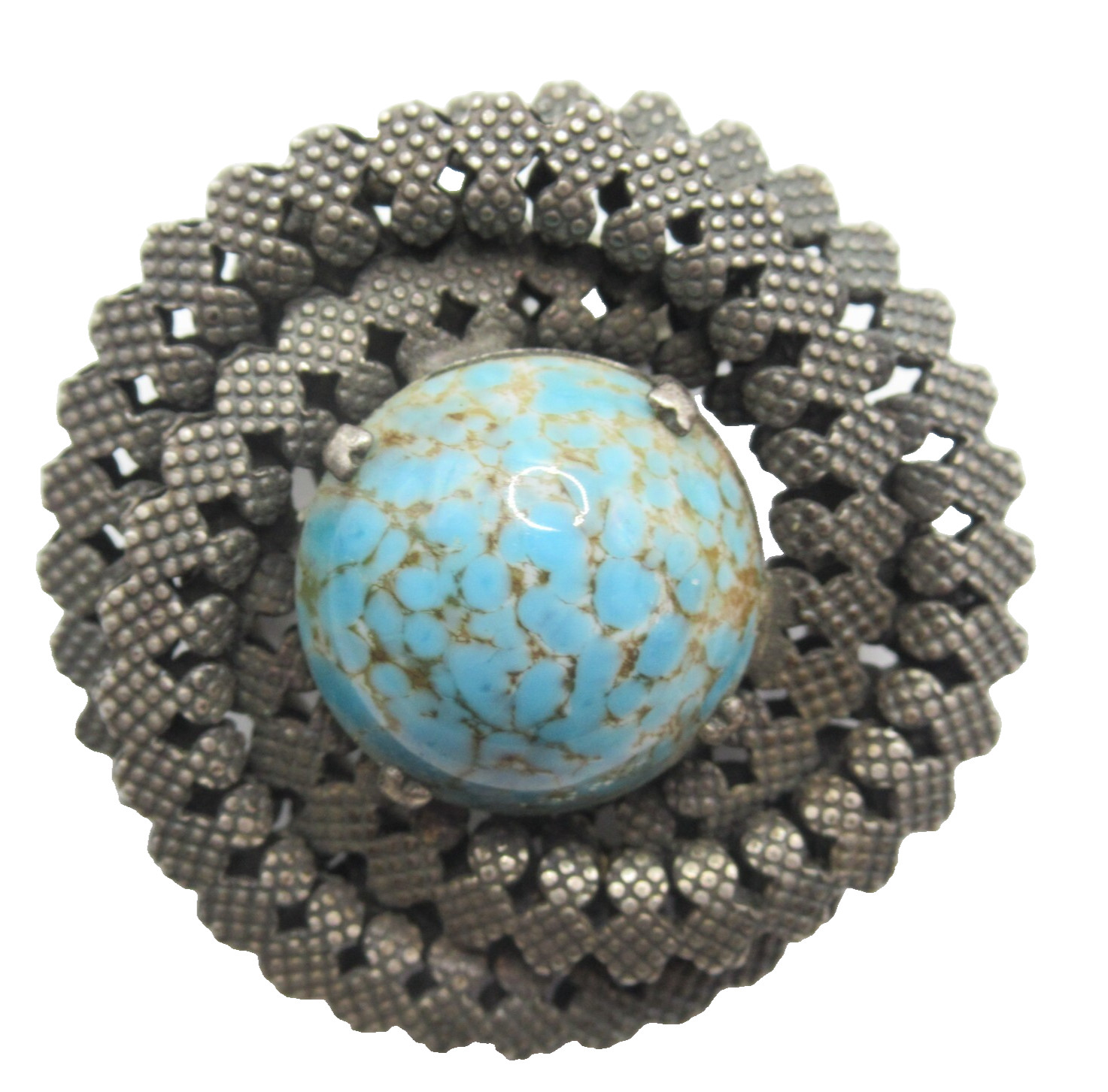 Blue Brown Speckled Glass Scarf Clip Brooch Old Signed Revere Trombone Clasp Pin