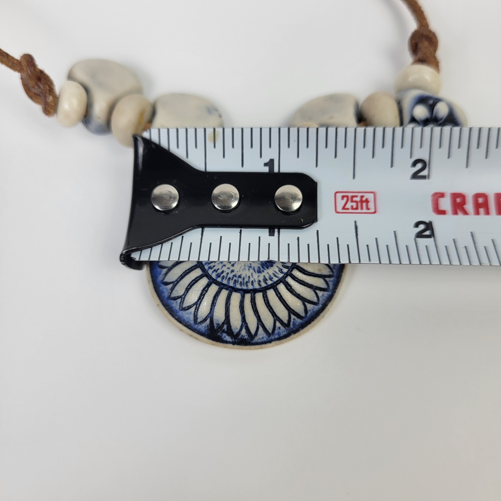 Vtg Artisan Bohemian Pottery Pendant~Choker Necklace Leather Cord Blue White